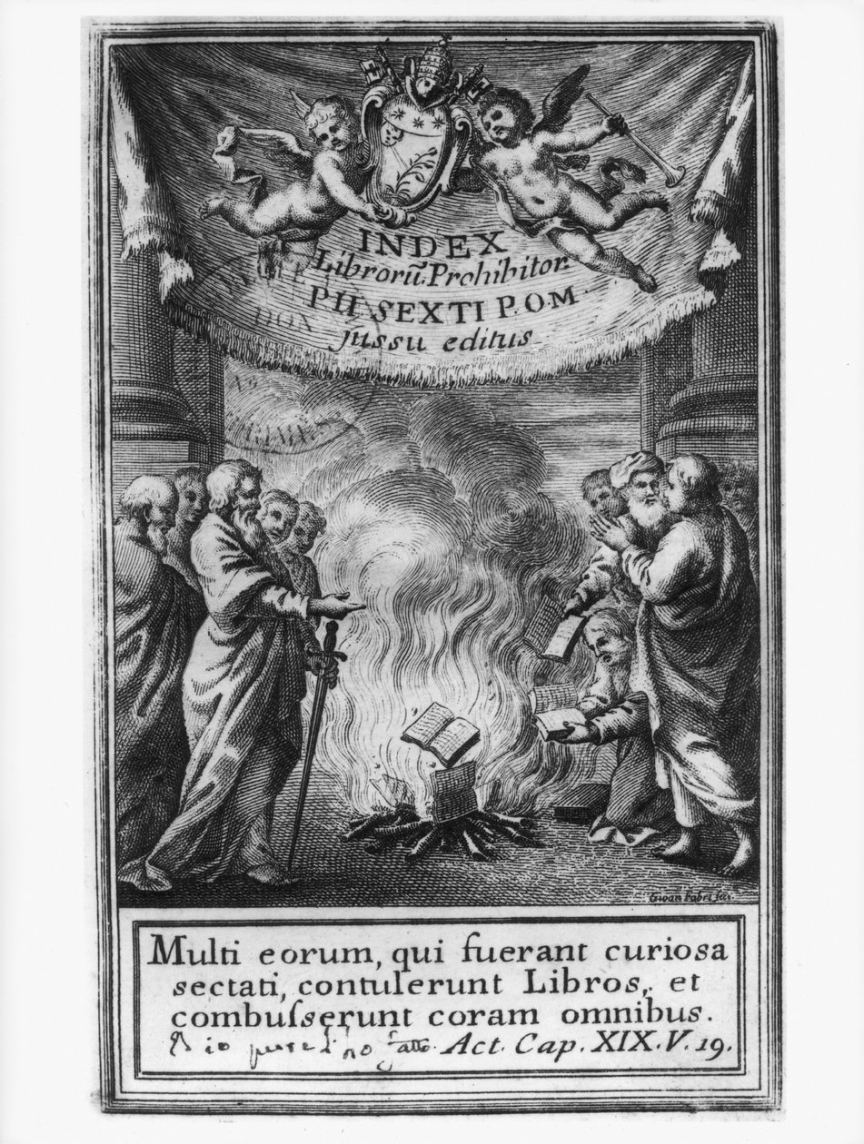 Frontispice van Index Librorum Prohibitorum met een auto da fe, 1786 door French School