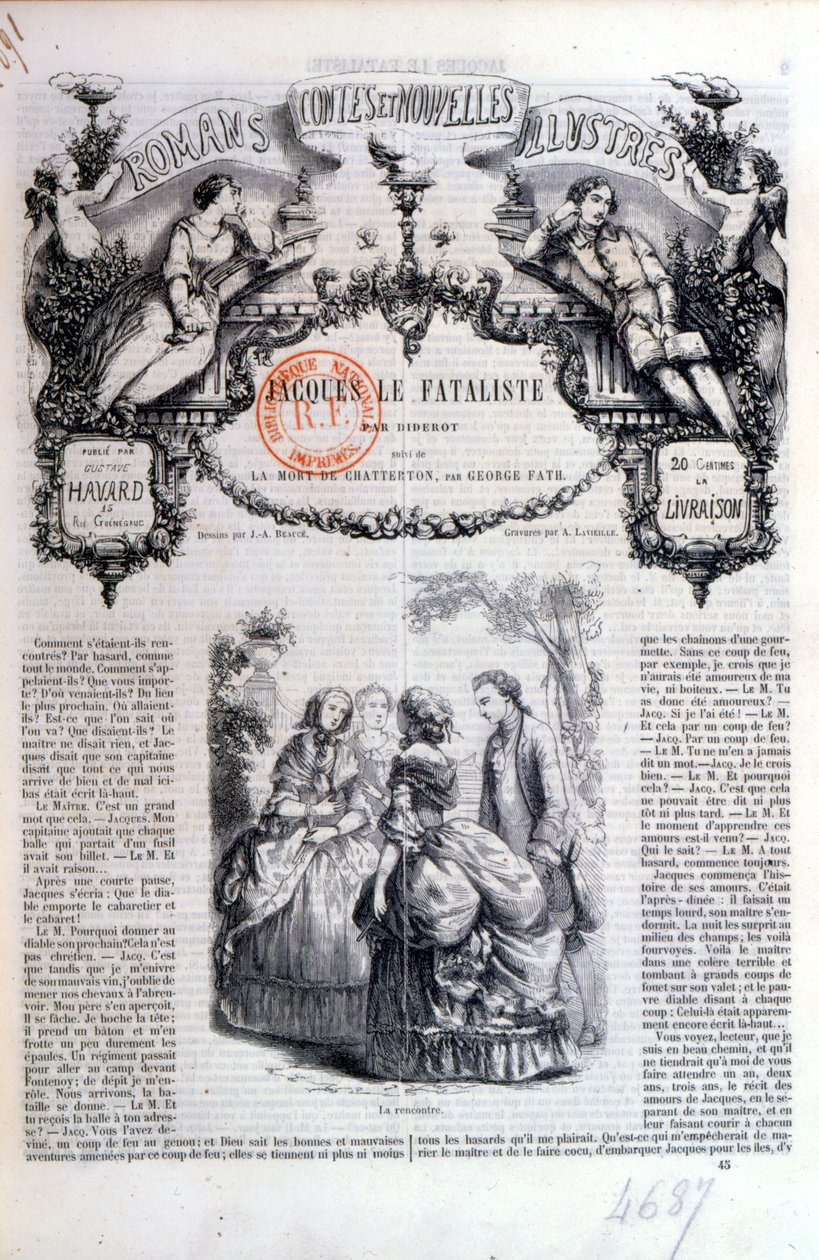 Frontispice van een verzameling romans en verhalen met Jacques le Fataliste door Diderot, gepubliceerd in Parijs in 1849 door French School