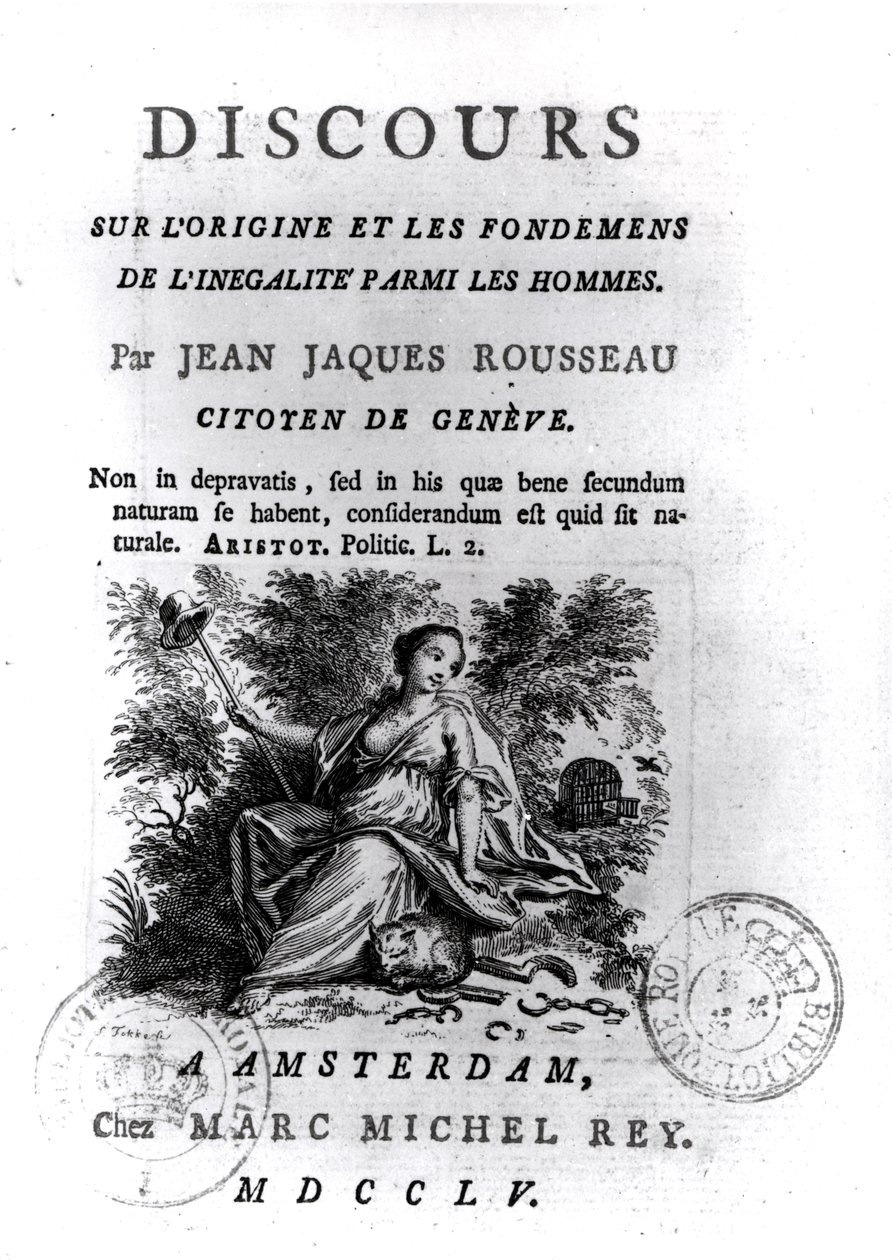 Frontispice van Discours sur lOrigine et les Fondements de lInegalite Parmi les Hommes door Jean-Jacques Rousseau (1712-78) ca. 1755 door French School