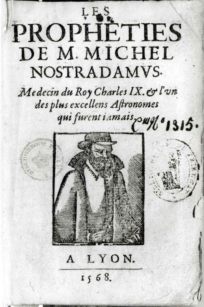 Frontispice van Les Propheties de M. Michel de Nostradamus (1503-66), met een portret van Nostradamus, uitgegeven in Lyon 1568 door French School