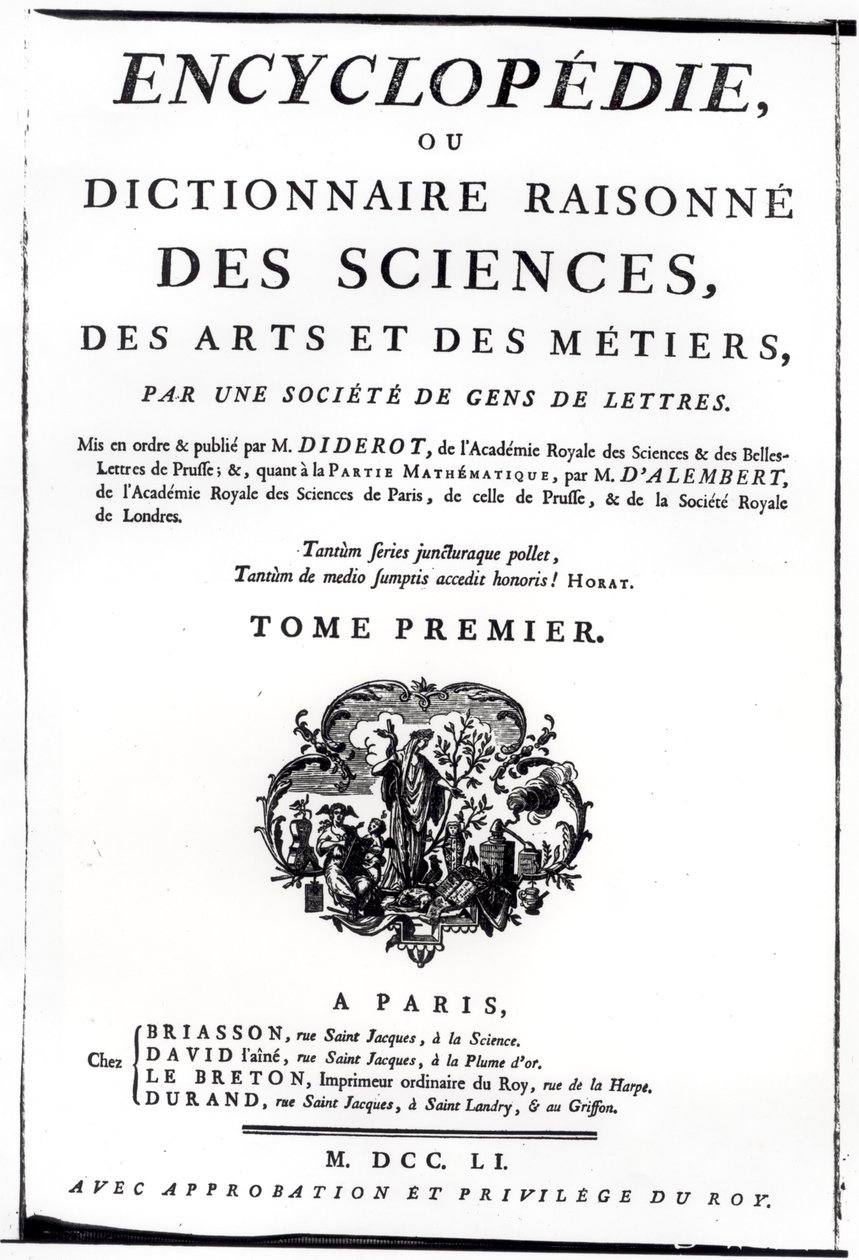 Frontispice van The Encyclopedia of Science, Art and Engineering door Denis Diderot, gepubliceerd in Parijs, 1751 door French School
