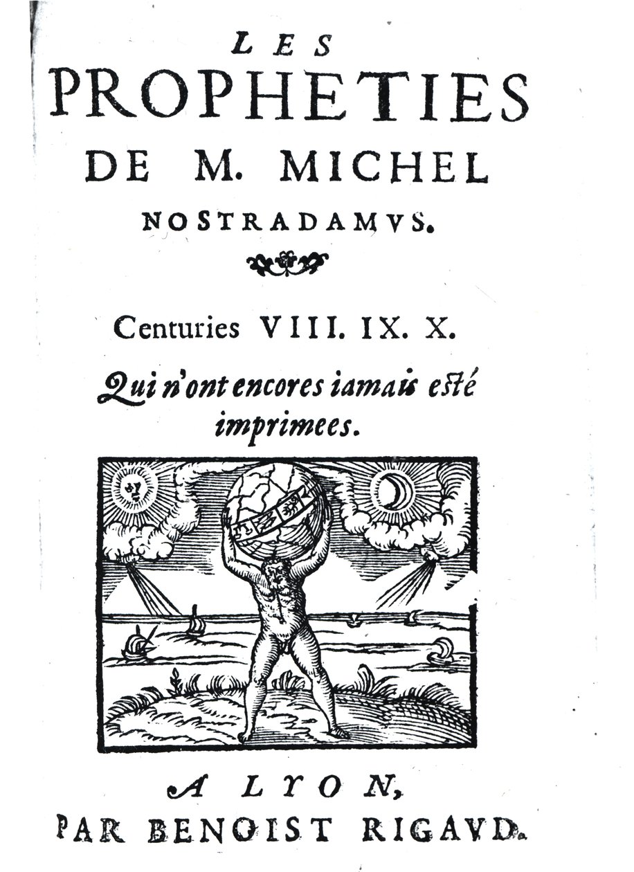 Frontispice van De Voorspellingen van M. Michel Nostradamus, uitgegeven door Benoist Rigaud, 1568 door French School