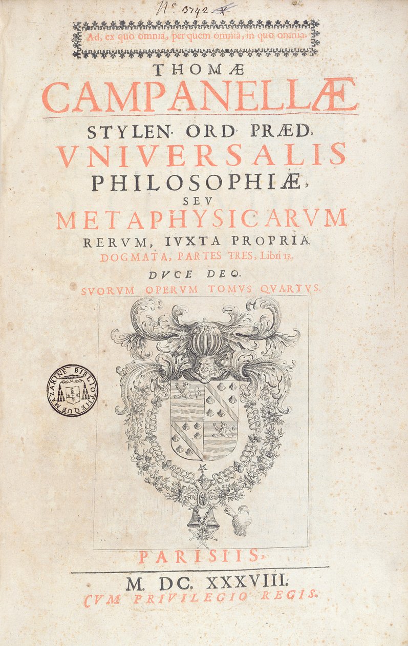 Frontispice van Universalis Philosophiae door Tommaso Campanella, gepubliceerd in Parijs, 1638 door French School