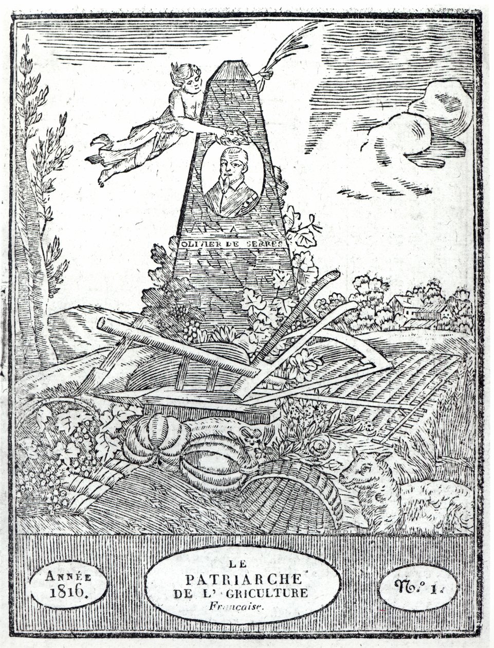 Frontispice van een landbouwalmanak met een portret van Olivier de Serres door French School