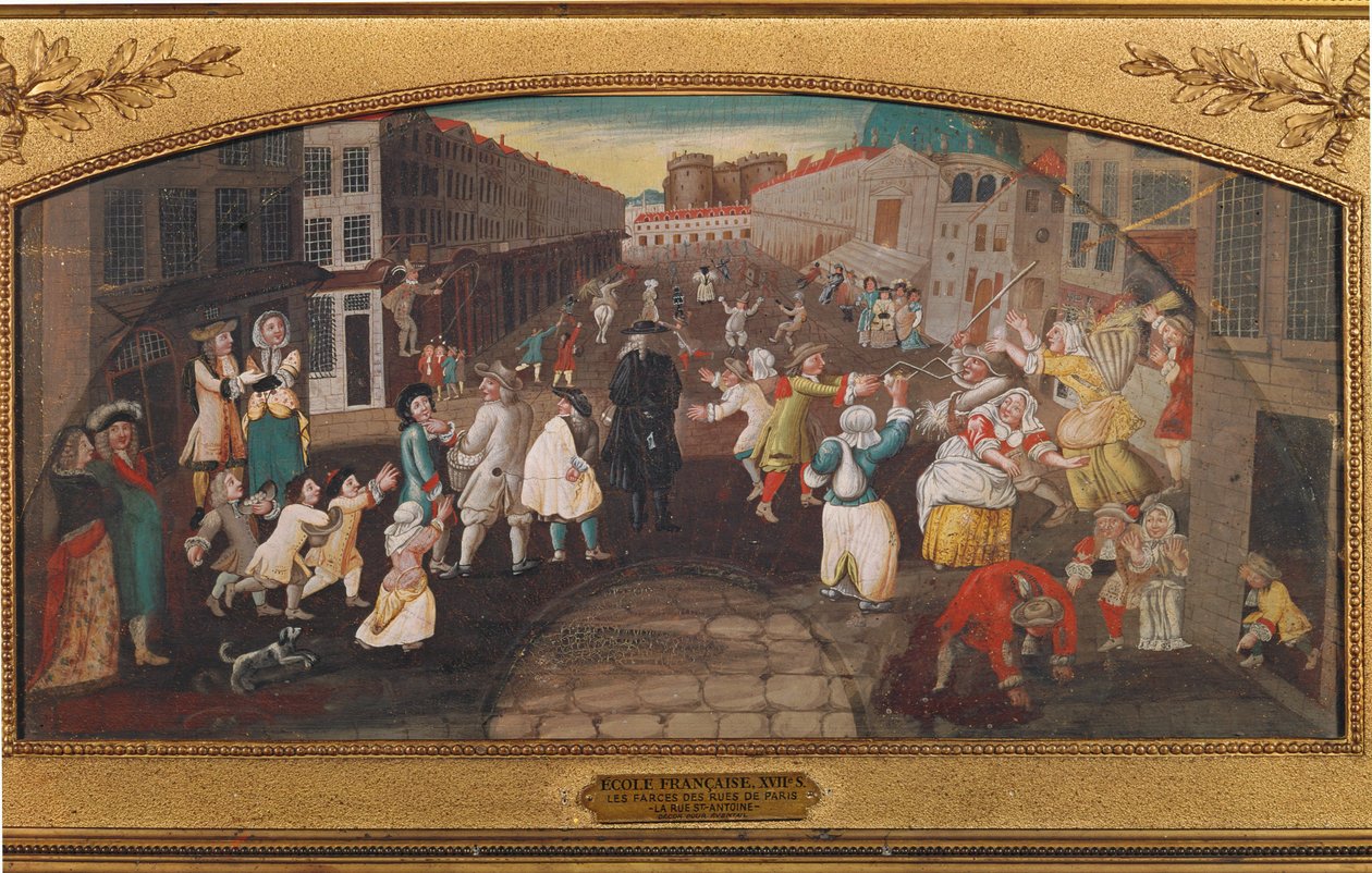 Plezier en spelletjes in de straten van Parijs - rue St. Antoine ... (schilderij op doek) door French School