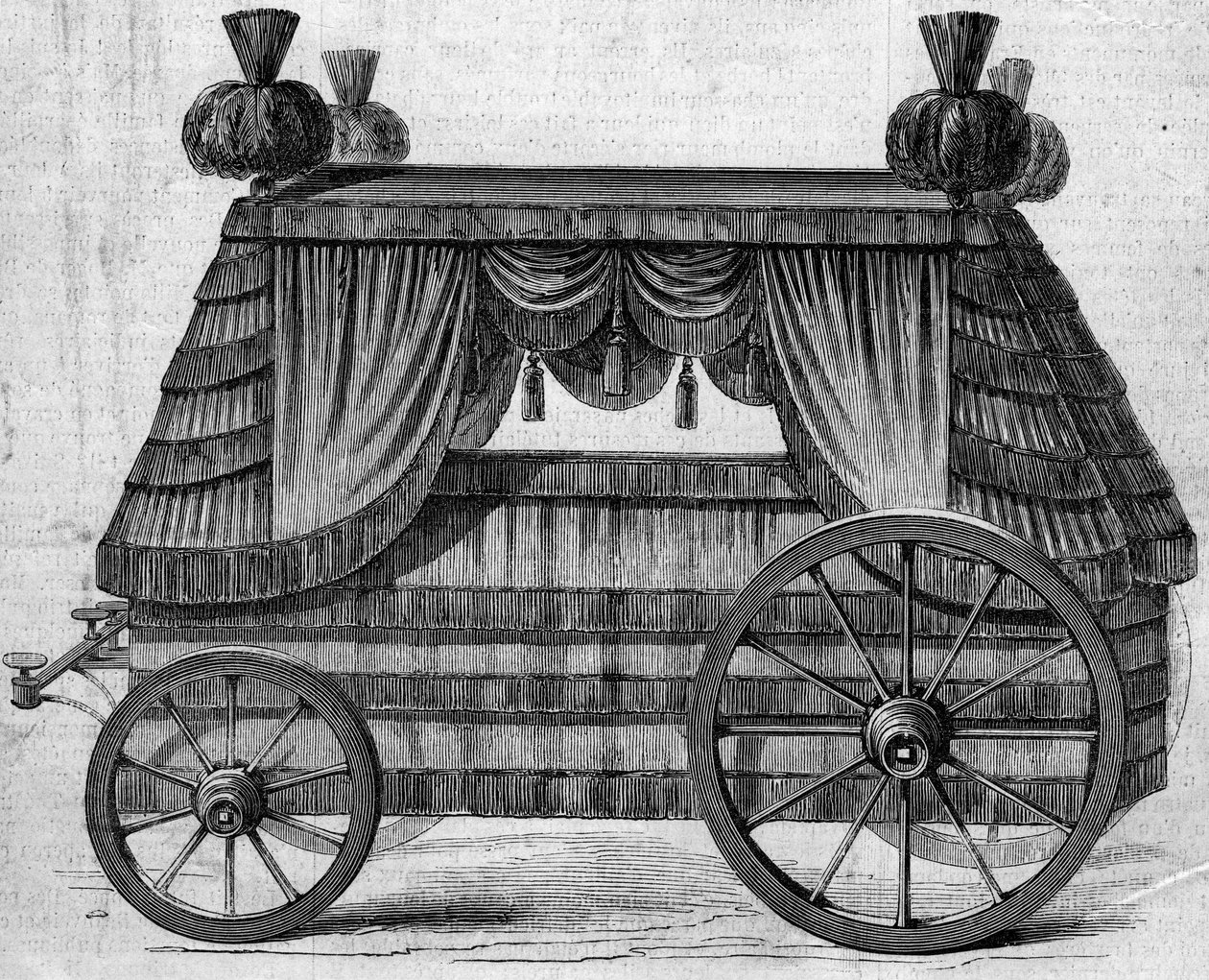 Begrafeniswagen van keizer Napoleon I naar Sint-Helena aangeboden door koningin Victoria I aan Napoleon III in 1858. Gravure in 