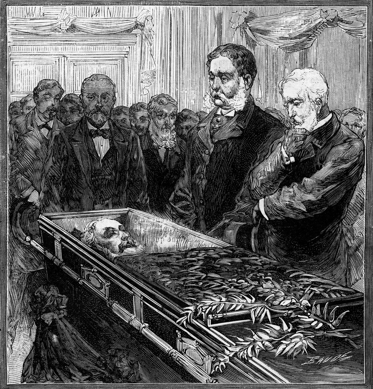 Begrafenis van James Abram Garfield (1831-1881), president van de Verenigde Staten: zijn vervanger, Chester Alan Arthur (1830-1886) en secretaris Blain voor de kist onder de koepel van het Capitool in Washington. Gravure in 