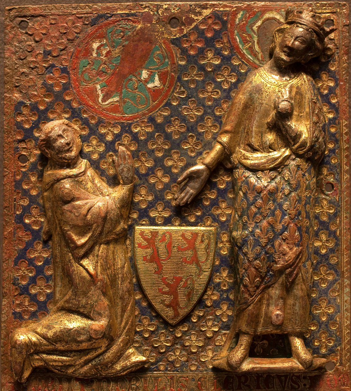 Grafplaat: Guy de Meyos knielt voor Saint Louis (Louis IX van Frankrijk) door French School