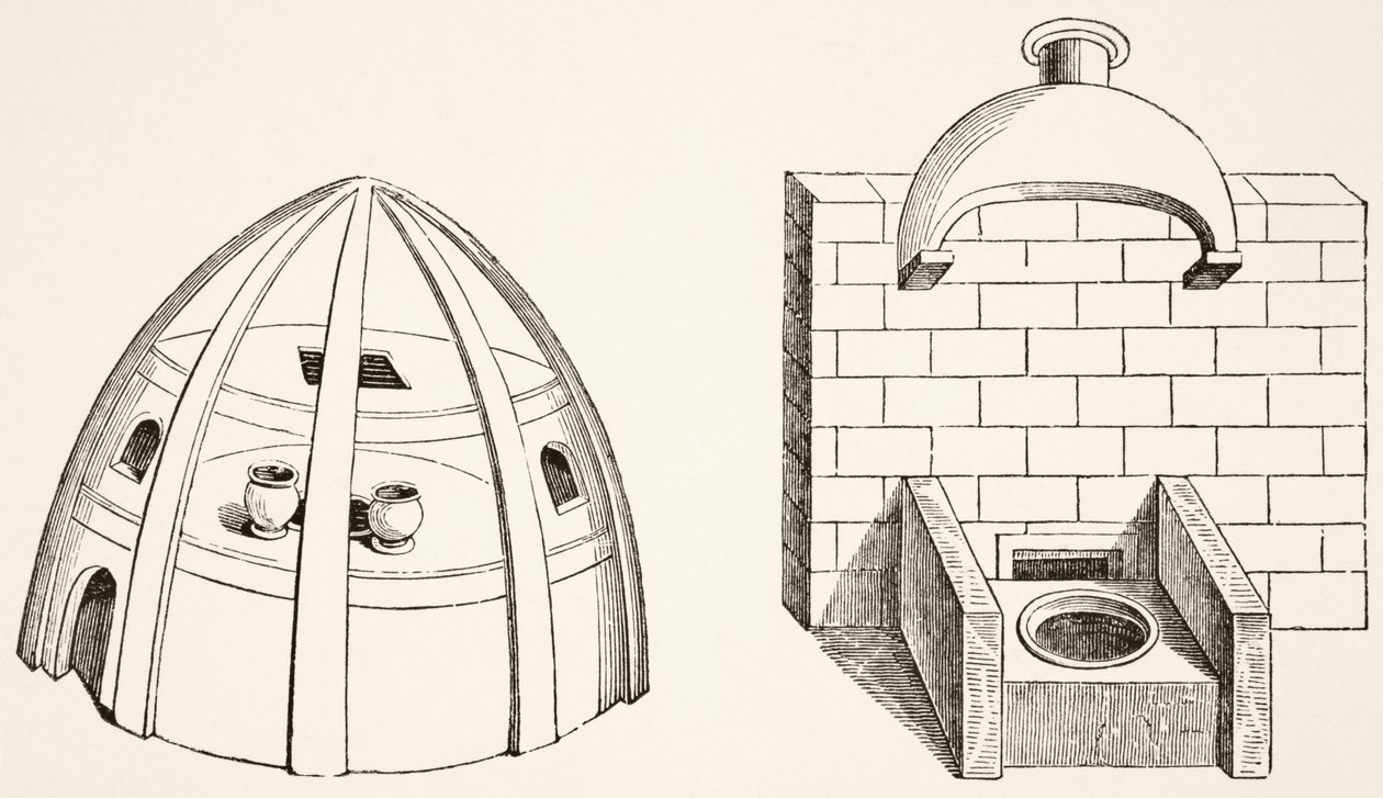 Ovens, zoals gebruikt door wetenschappers en alchemisten in de Middeleeuwen, uit Wetenschap en Literatuur in de Middeleeuwen door Paul Lacroix (1806-84) gepubliceerd in Londen 1878 door French School