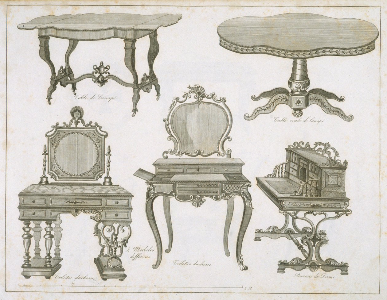 Meubelontwerpen door Lefevre-Chauveaux, uit Album Dessins de Meubles, ZW gravure door French School