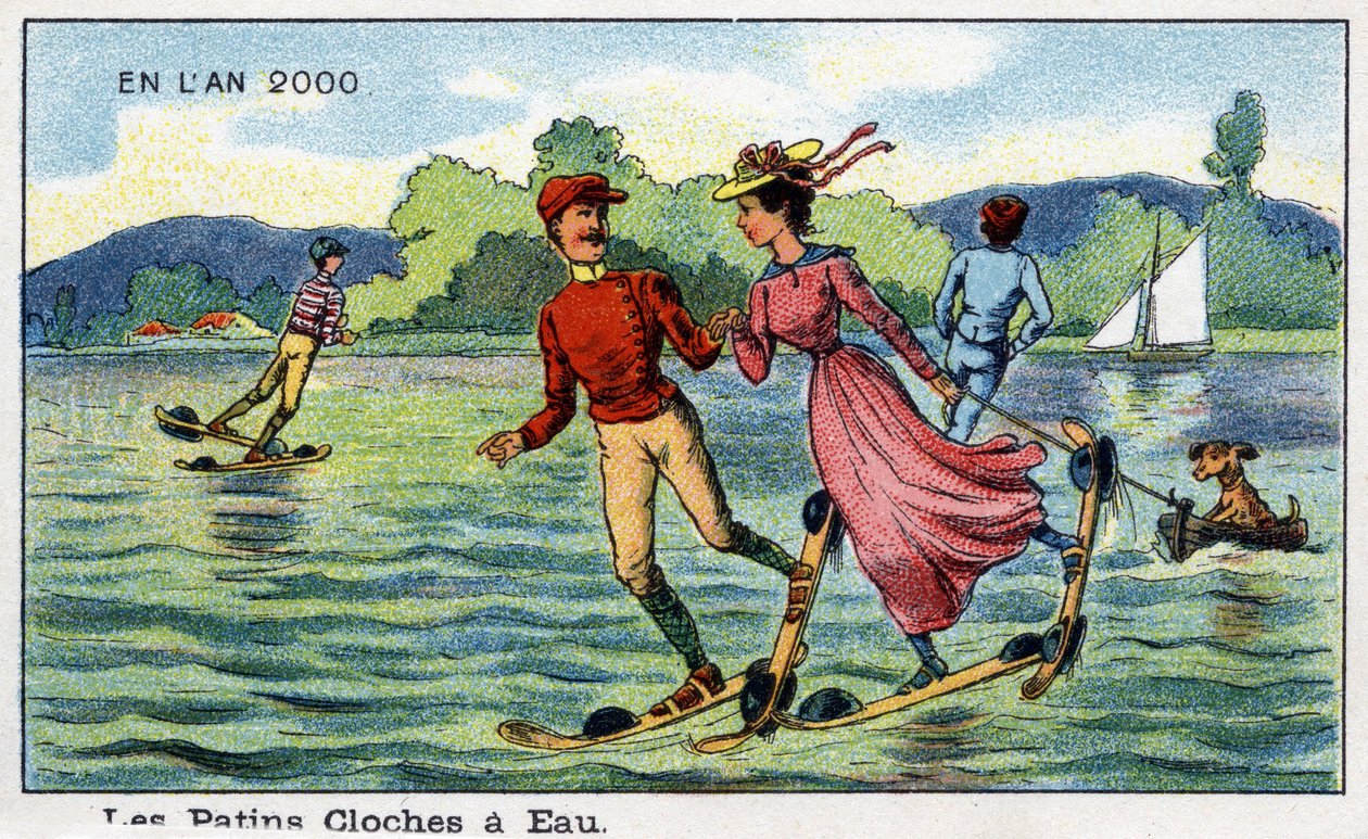 Toekomstige dagen: Een negentiende-eeuwse visie op het jaar 2000 - Serie "In het jaar 2000": Waterklokken schaatsen. Chromolithografie door Villemard door French School