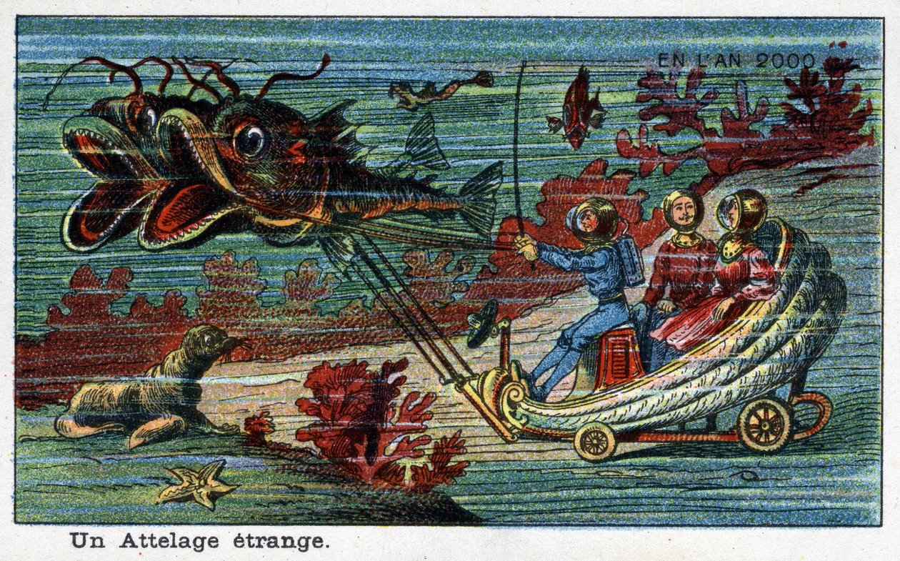 Futuredays: Een negentiende-eeuwse visie op het jaar 2000 - Serie "In het jaar 2000": Een vreemde koets (tank getrokken door vissen onder zee). Chromolithografie door Villemard door French School