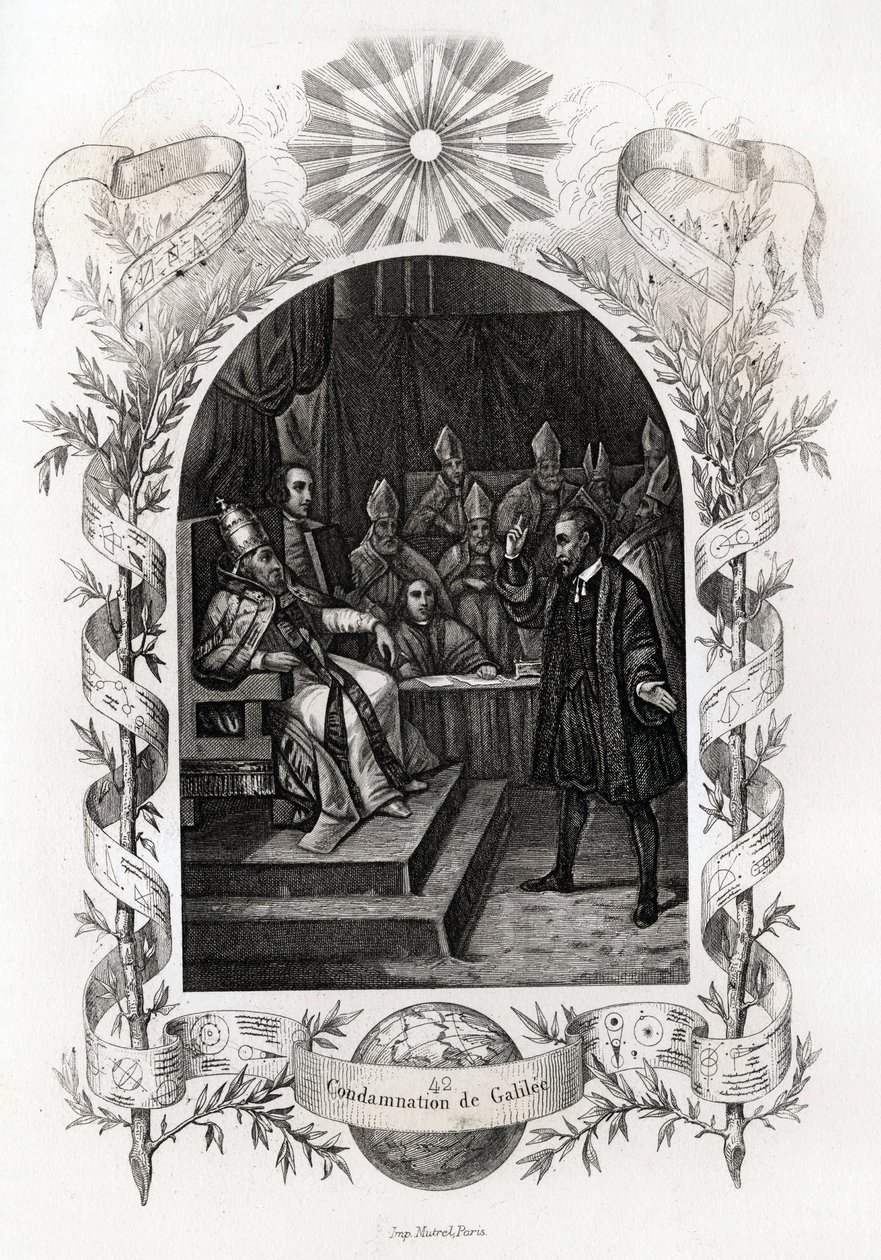 Galileo Galilei (1564-1642) voor de Heilige Officie in het Vaticaan. De astronoom werd in 1632 veroordeeld door het Inquisitie Tribunaal. Gravure ter illustratie van Histoire des popes door Maurice Lachatre (1814-1900), librairie du progres, Parijs. door French School