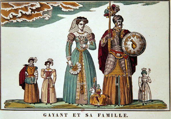 Gayant en zijn familie, Imagerie de Lille (kleur litho) door French School