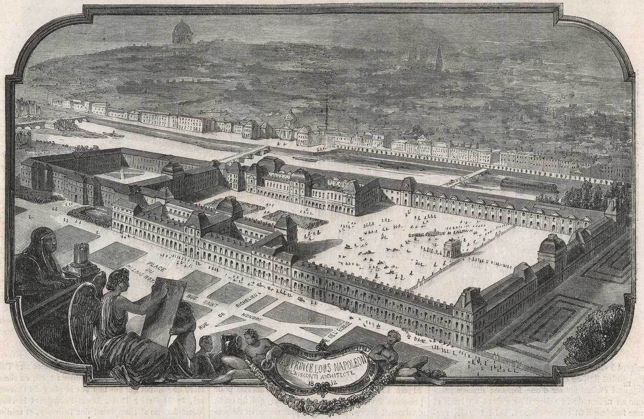Algemeen uitzicht op het Palais du Louvre en de Tuilerieën in 1852 - Gravure in 