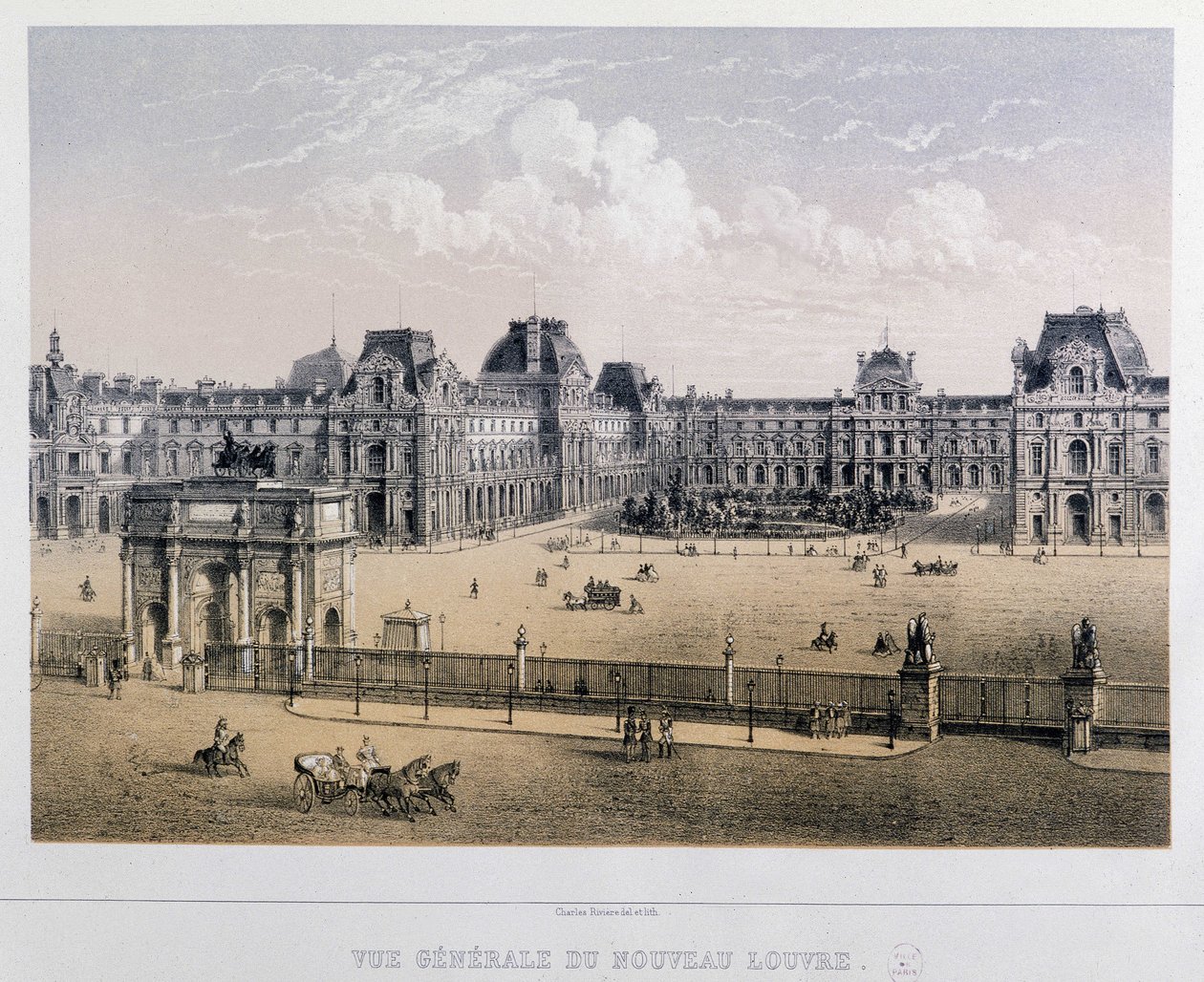Algemeen overzicht van het nieuwe Louvre: Arc du Carrousel - Gravure van de 19e eeuw door French School