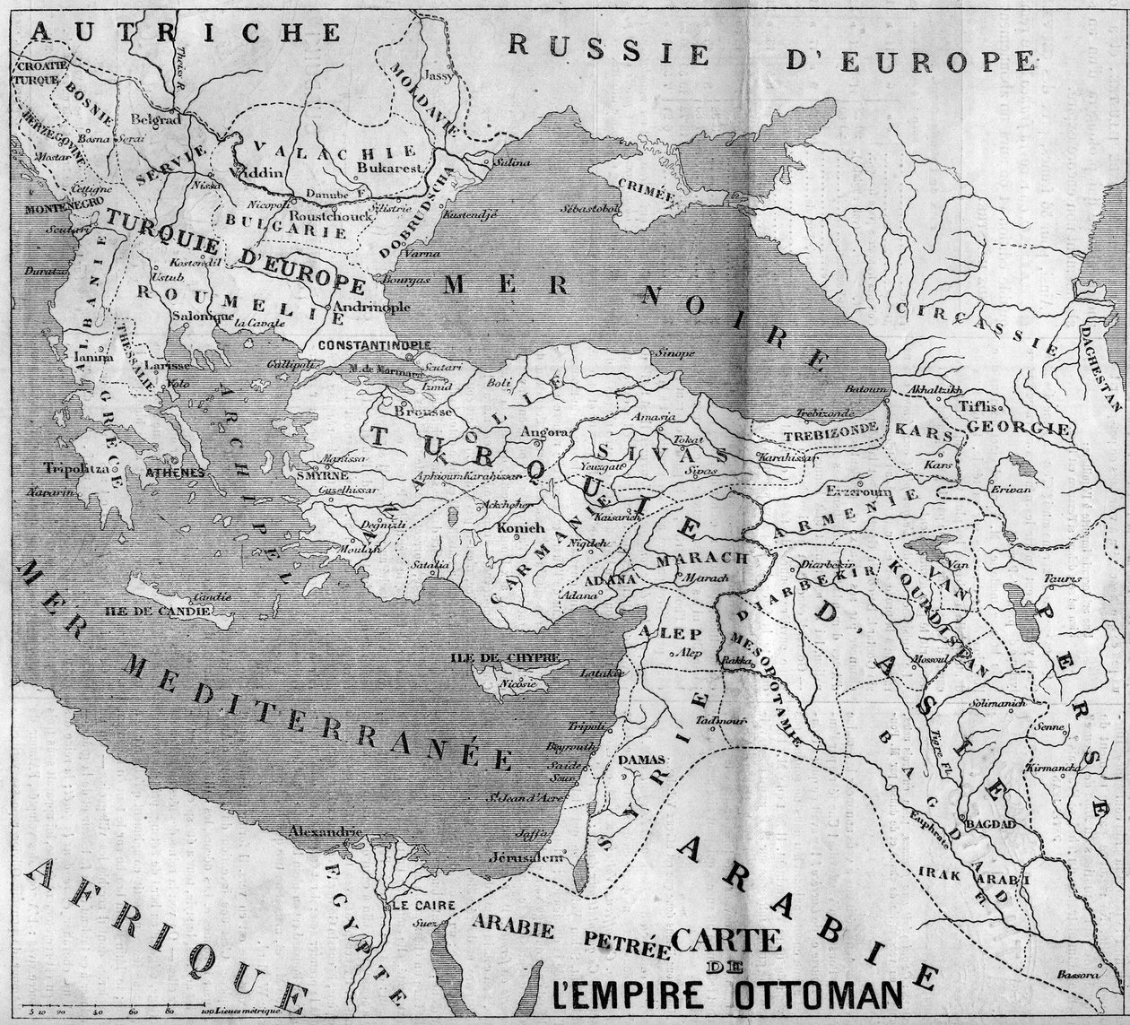 Geografische kaart van het Ottomaanse Rijk in 1860. Gravure in 