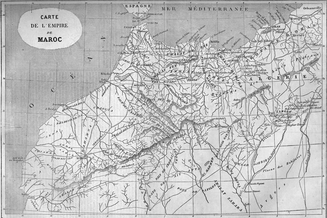 Geografische kaart van het rijk Marokko in 859. Gravure in Le Monde Illustré nr. 129 van 1 oktober 1859. door French School