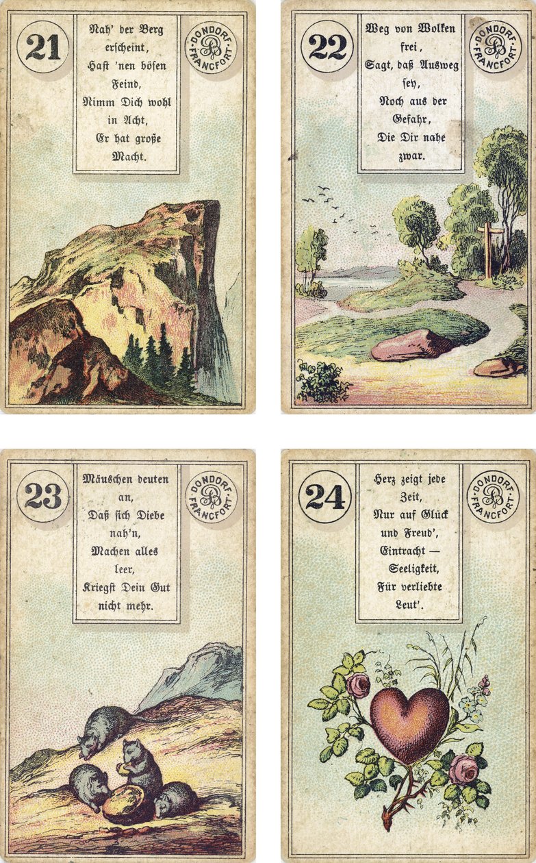 Duitse editie van het Lenormand Franse waarzegkaarten deck: De Berg, De Weg, De Muizen, Het Hart, uitgegeven door Dondorf, Frankfurt, 19e eeuw door French School