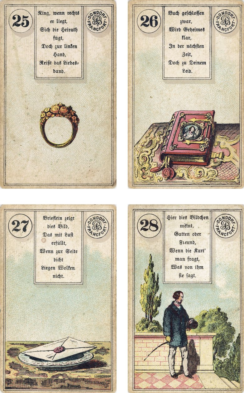 Duitse editie van het Lenormand Franse waarzegkaarten deck: De Ring, Het Boek, De Brief, De Heer, uitgegeven door Dondorf, Frankfurt, 19e eeuw door French School