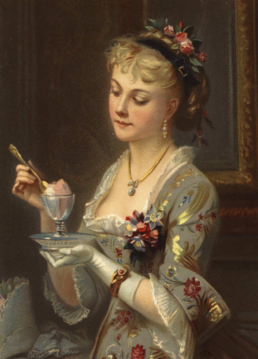 Meisje dat sorbet eet met een gouden lepel (chromolitho) door French School