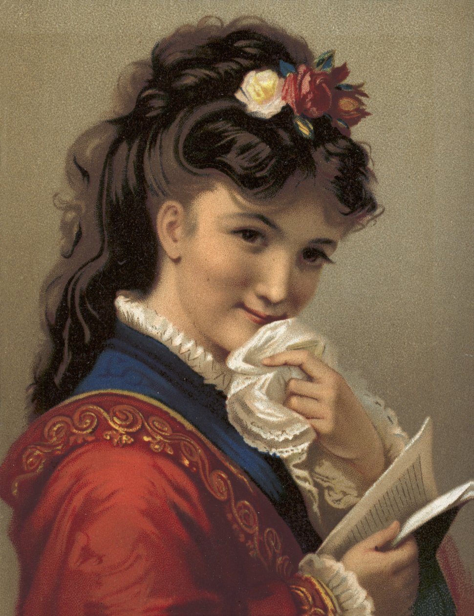 Meisje dat lacht (chromolitho) door French School