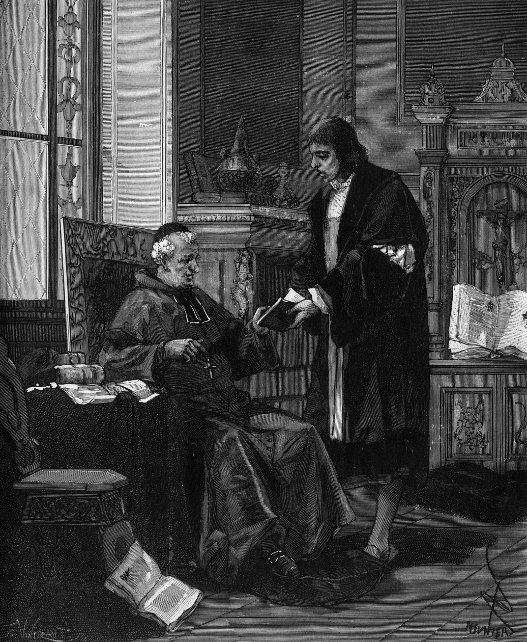 Girolamo Fracastoro bekend als FRACASTOR (1478-1553). Italiaanse humanist en arts die zijn gedicht presenteert aan kardinaal Bembo. door French School