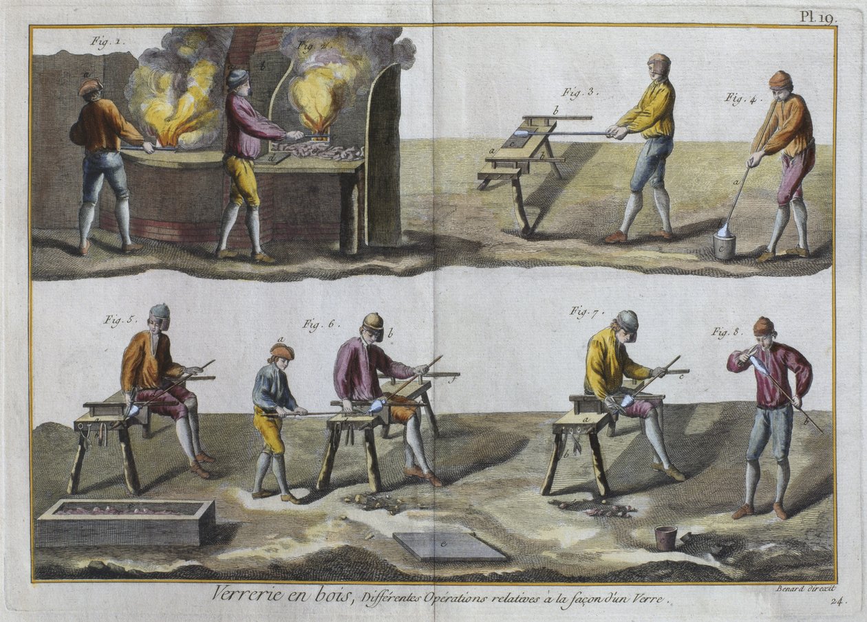 Glasblazen, illustratie uit de Encyclopedie des Sciences et Metiers door Denis Diderot (1713-84) gegraveerd door Robert Benard (fl.1734) gepubliceerd ca.1770 door French School