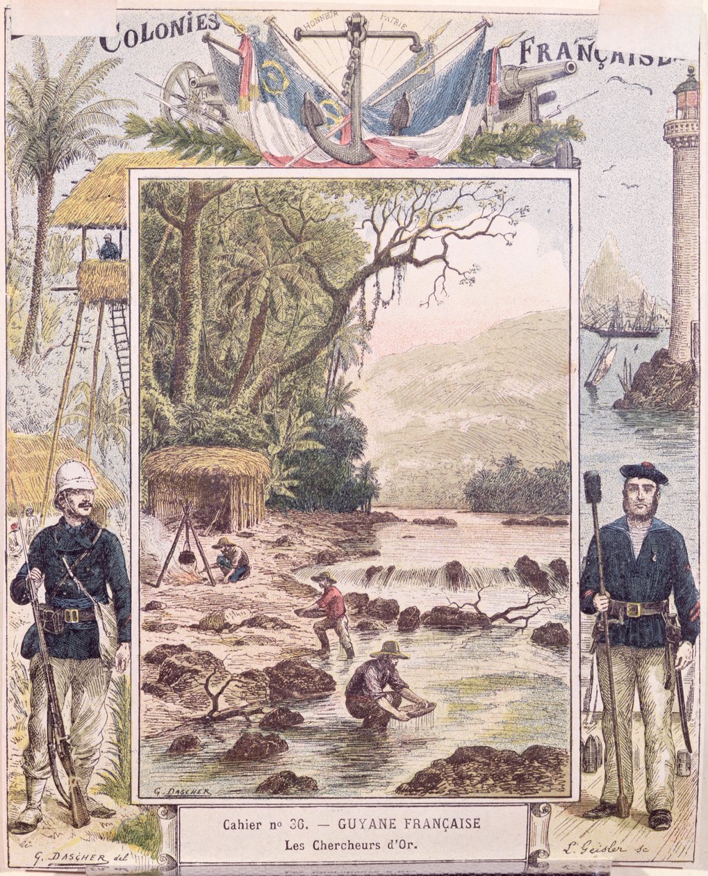 Goudzoekers in Frans Guyana, omslag van schoolschrift, ca. 1880 door French School