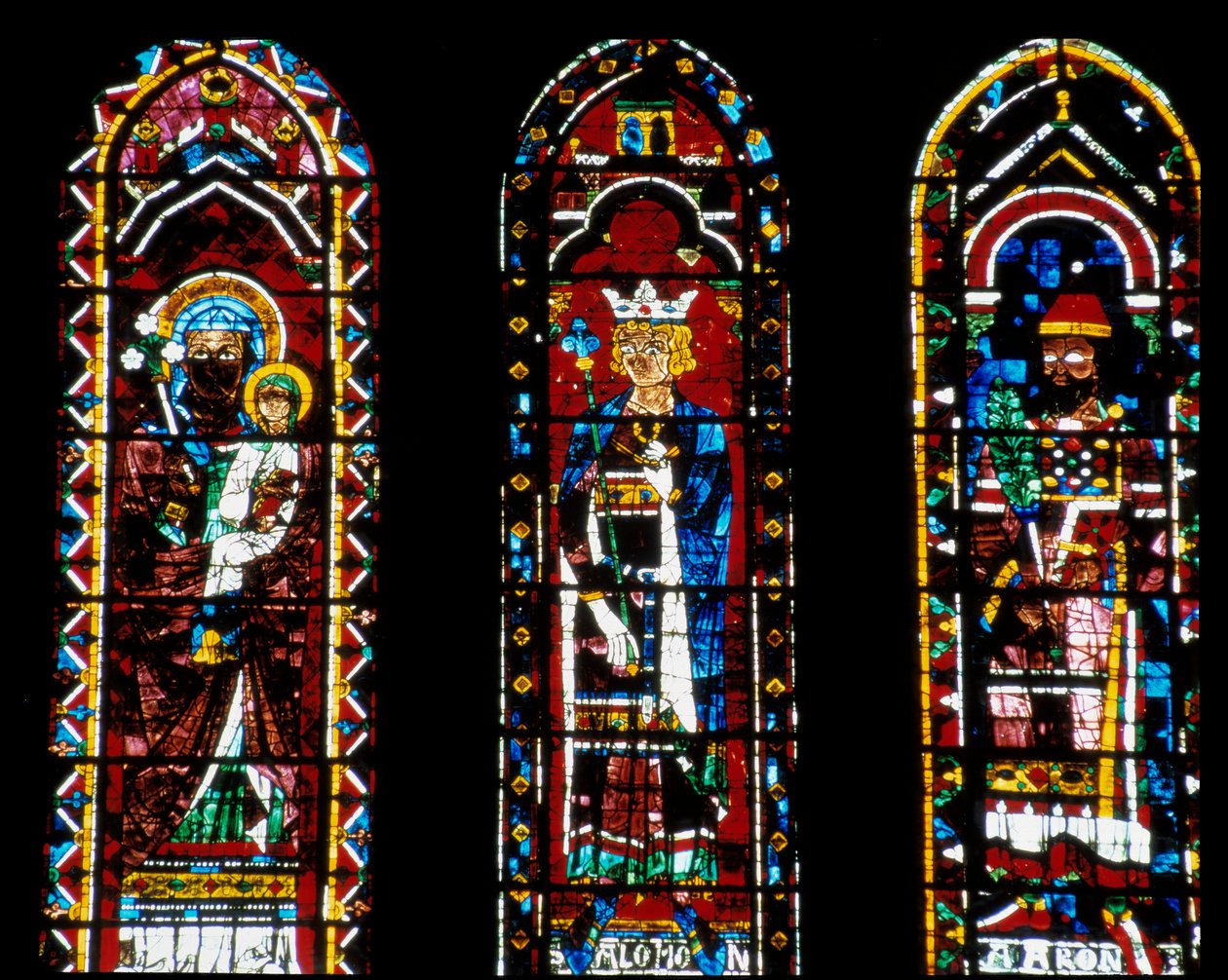 Gotische kunst: Sint-Anna de Meer, Salomo en Aäron. Lancetten onder de Rosace du Nord (genoemd Rosace van de Maagd, circa 1235) van de Kathedraal Notre Dame de Chartres (Eure et Loir) door French School