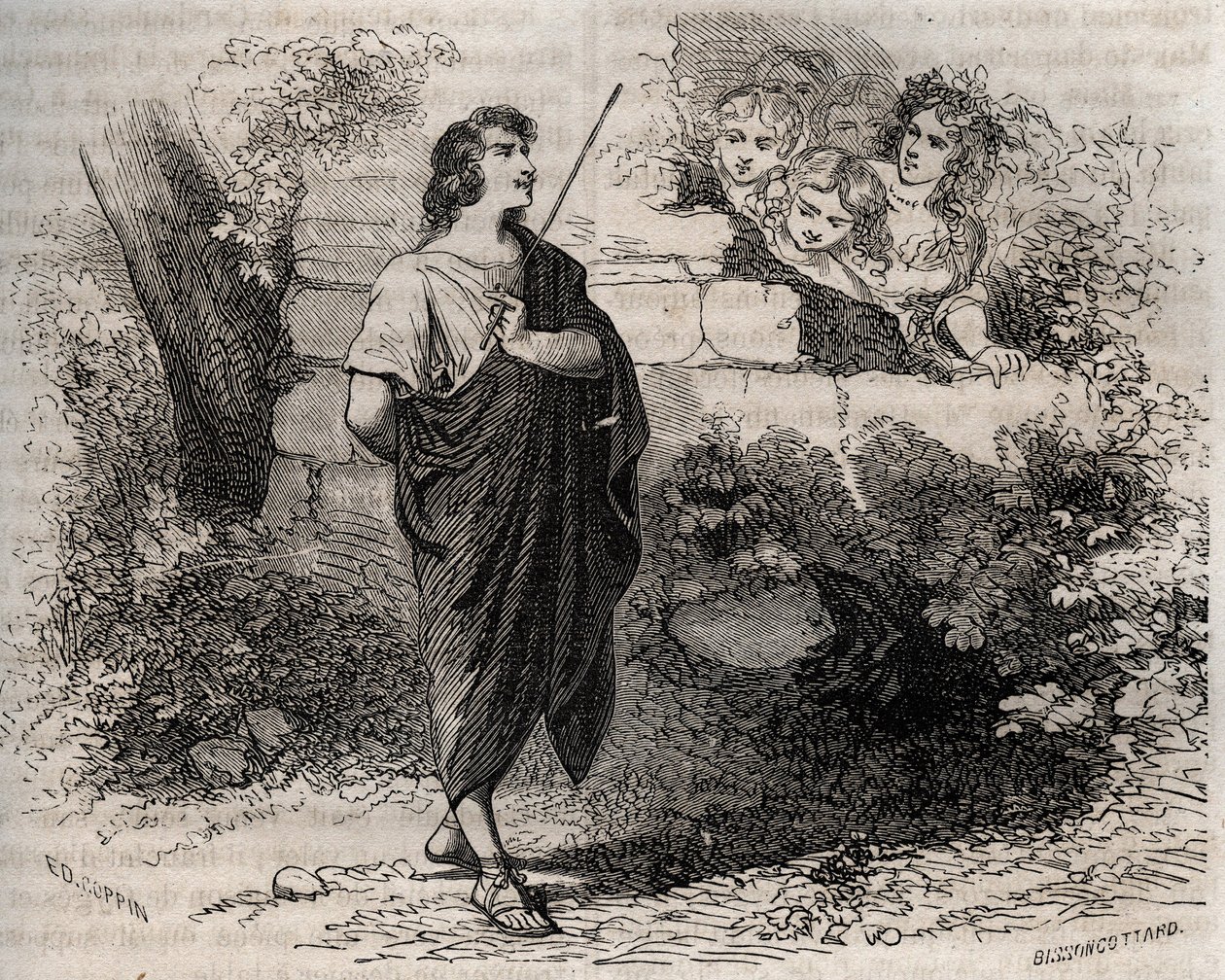 Griekse mythologie: Bacchis en zijn vrienden proberen Gyges te verleiden die weigert en trouw blijft aan zijn overleden vrouw. Gravure uit 1871 in "Histoire Des Cocus Celebres" door Henry de Kock door French School