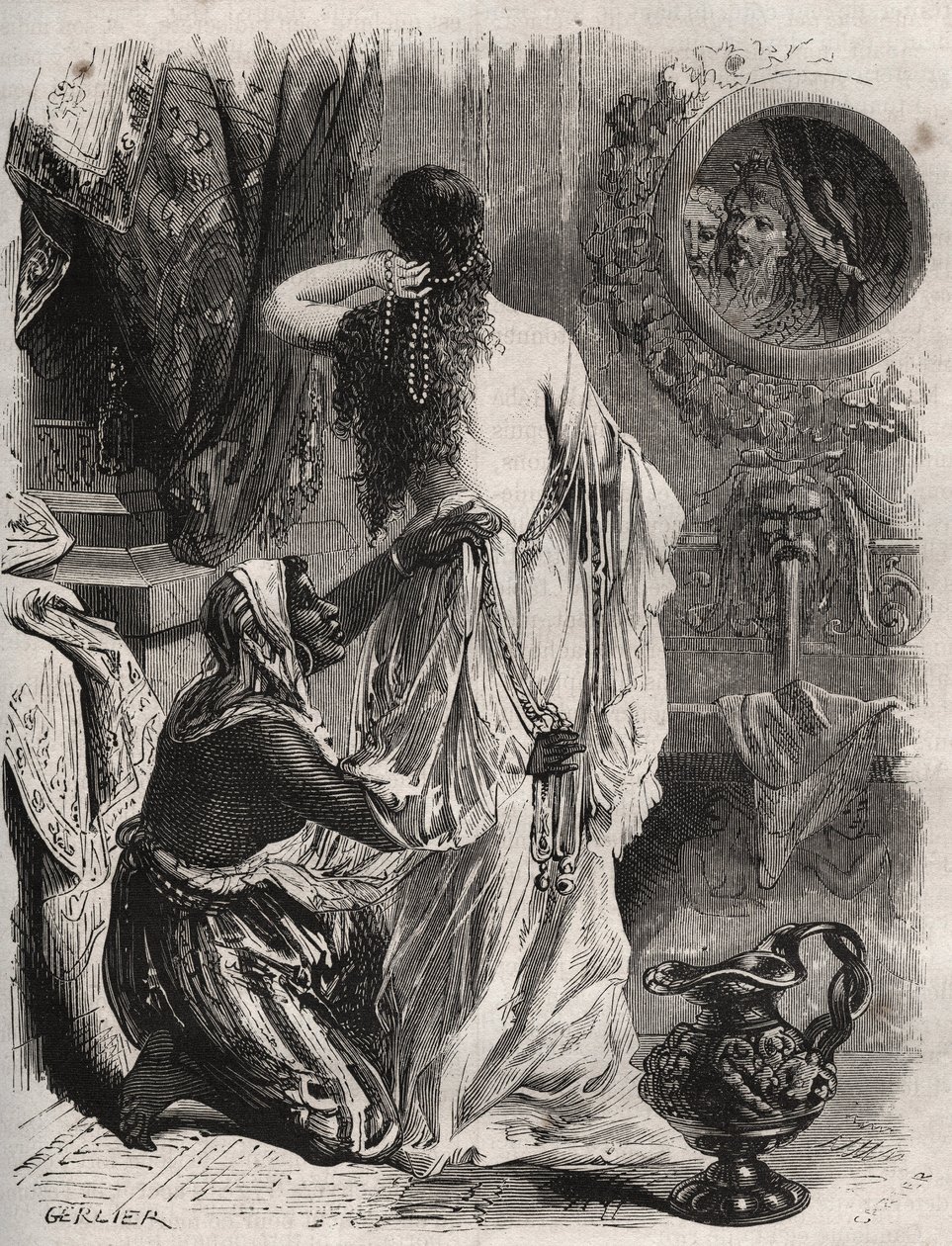 Griekse mythologie: de koning van Lydie Candaule toont zijn vrouw naakt aan zijn vertrouweling Gyges, die zich in de schaduwen verbergt wanneer ze zich in de slaapkamer ontkleedt. Gravure uit 1871 in "Histoire Des Cocus Celebres" door Henry de Kock door French School