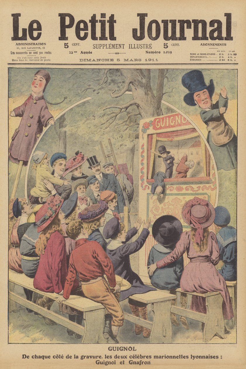 Guignol en Gnafron, beroemde Franse poppen uit een voorstelling uit Lyon (kleurenlitho) door French School