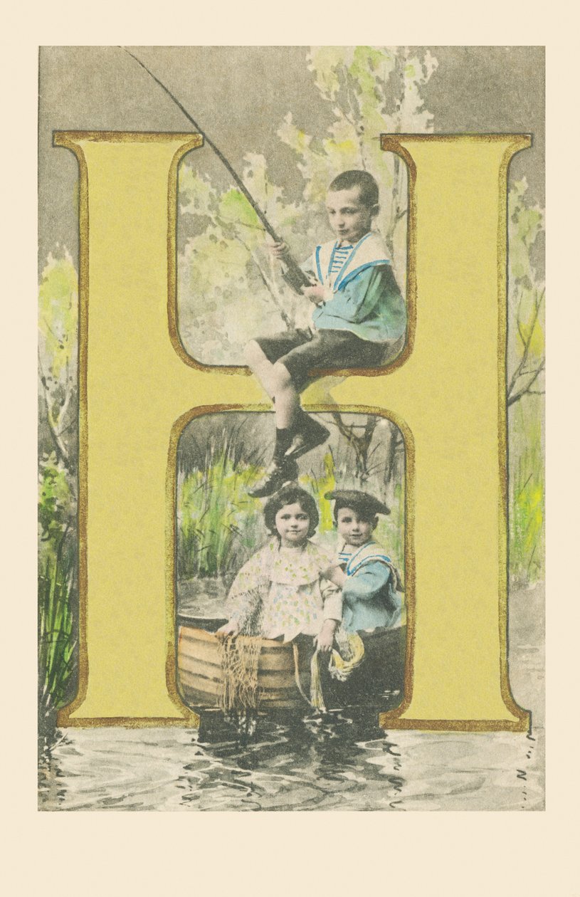 Een jongen met een hengel, twee kinderen in een boot door French School