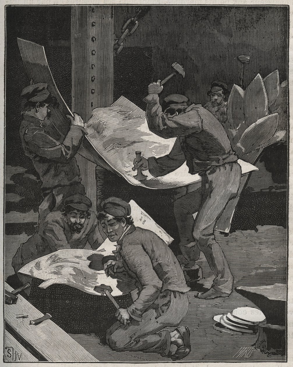 Hameren en assembleren van stukken van het Vrijheidsbeeld gemaakt door Frédéric Auguste Bartholdi (1834-1905). Gravure uit 1880 in 