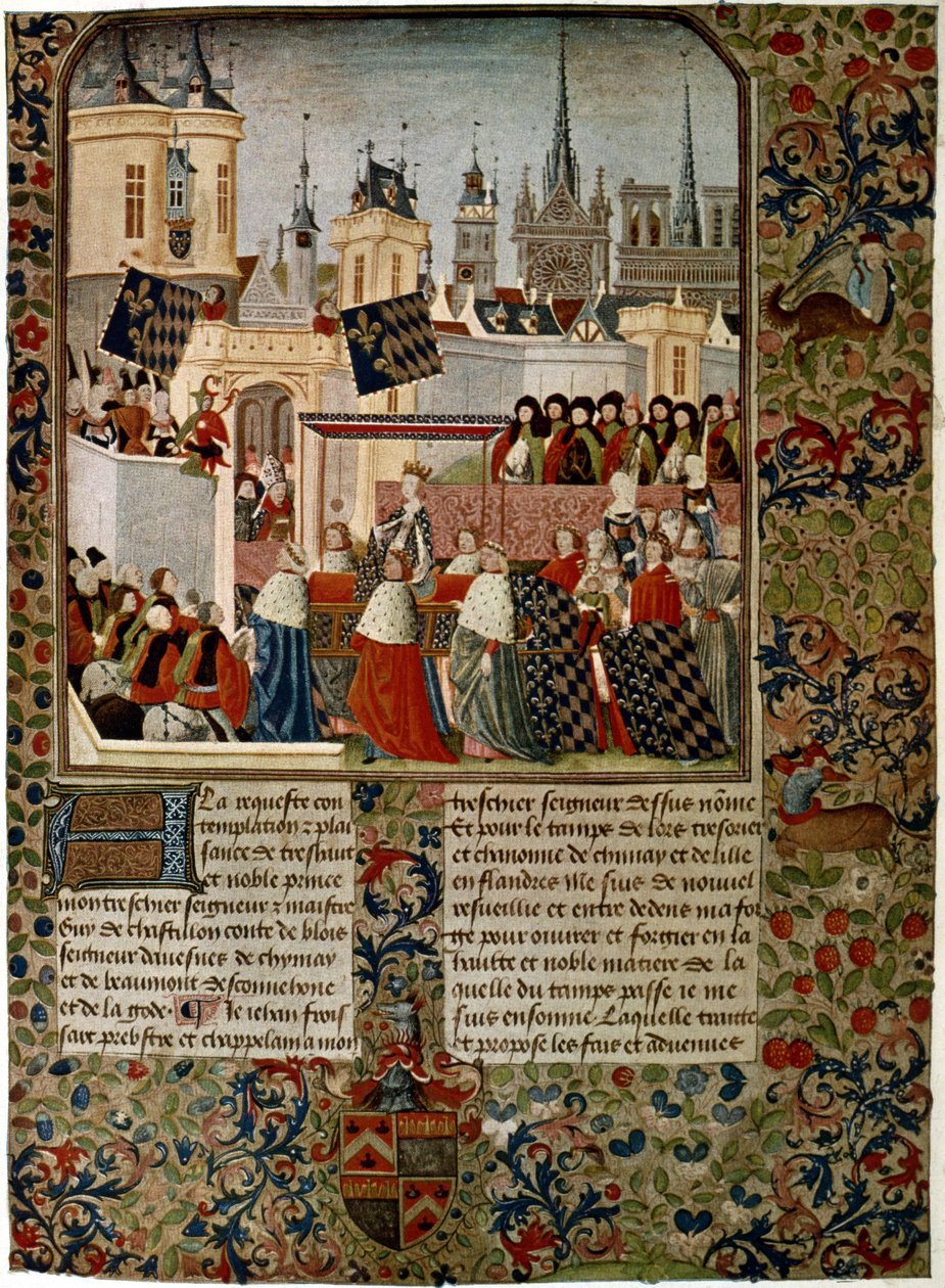 Intocht van Koningin Isabella, vervreemde gemalin van Edward II, in Parijs in 1325, uitgevoerd door Jean Froissart voor de historicus Philippe de Comines door French School