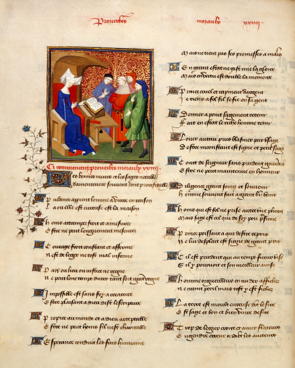 Harley 4431 volume II, f.259v Miniatuur van een vrouw die morele spreuken leest aan het begin van de 