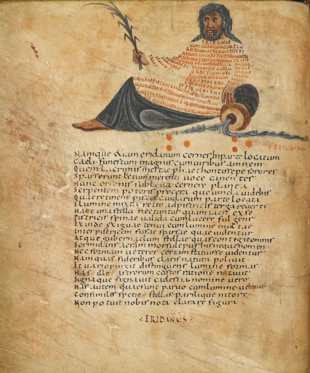 Harley 647, fol.10v Illustratie van het sterrenbeeld Eridanus, en tekst, ca. 820-40 (perkament) door French School