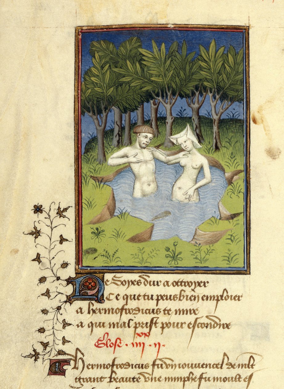 Miniatuur van Hermaphroditus en de nimf Salmacis die baden in een meer, uit 