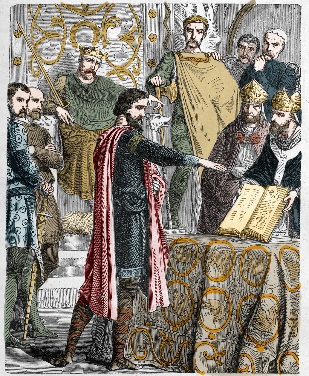Harold II laatste Angelsaksische koning gekroond in 1064, gezworen op de heilige relieken voor Willem I de Veroveraar om zijn zaak te steunen op de troon van Engeland na de dood van Edward de Belijder door French School