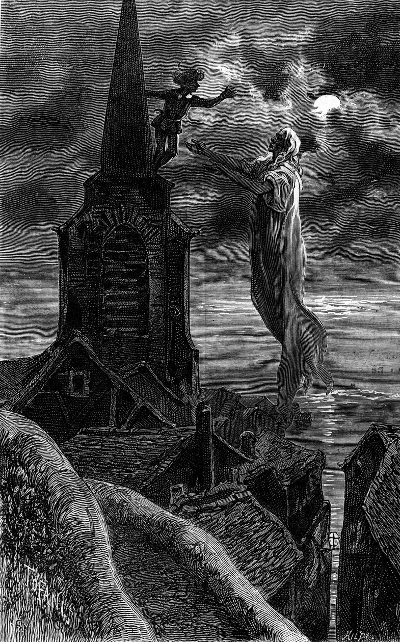 Hij verscheen op de klokkentoren van de kerk. Gravure ter illustratie van de roman 