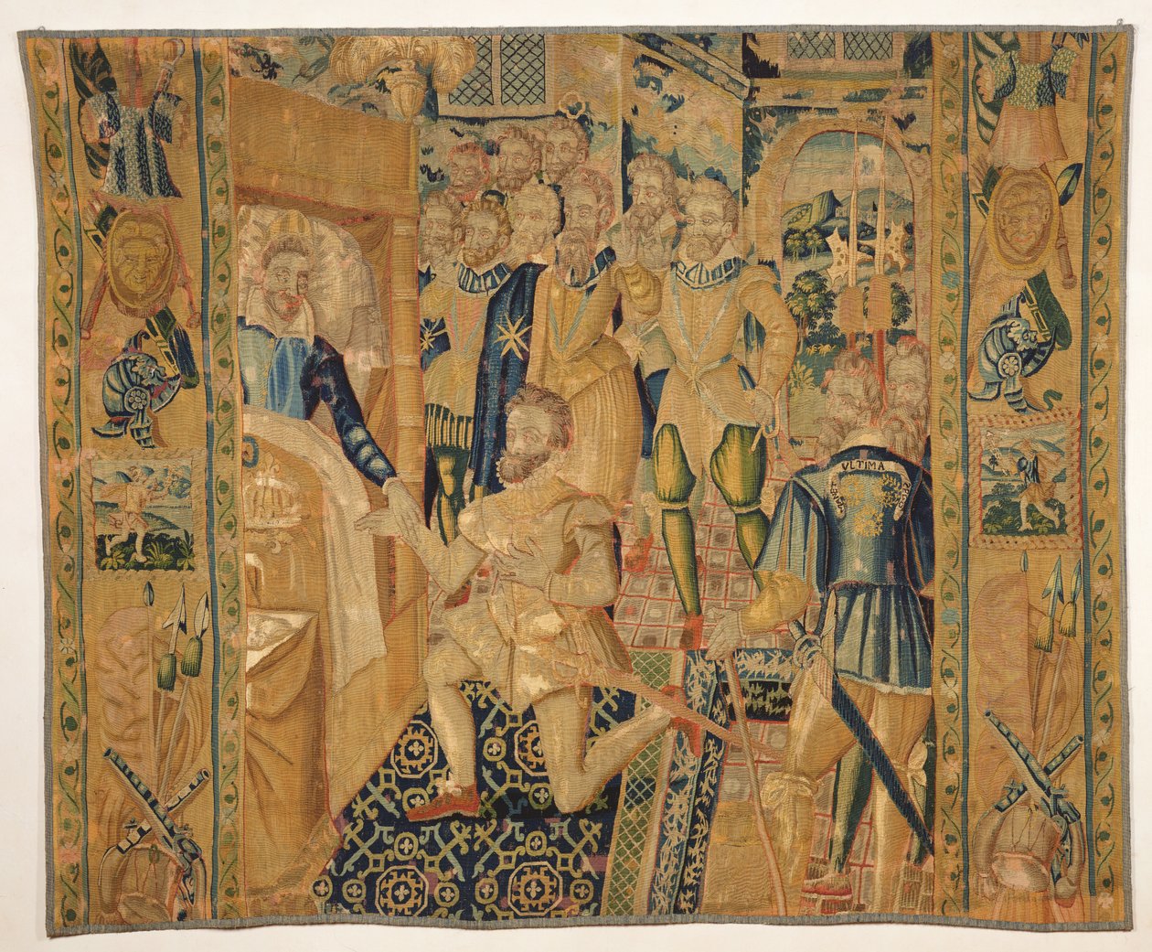 Henri III (1551-89) de Valois geeft de insignes van macht aan Henri III (1553-1610) de Bourbon door French School