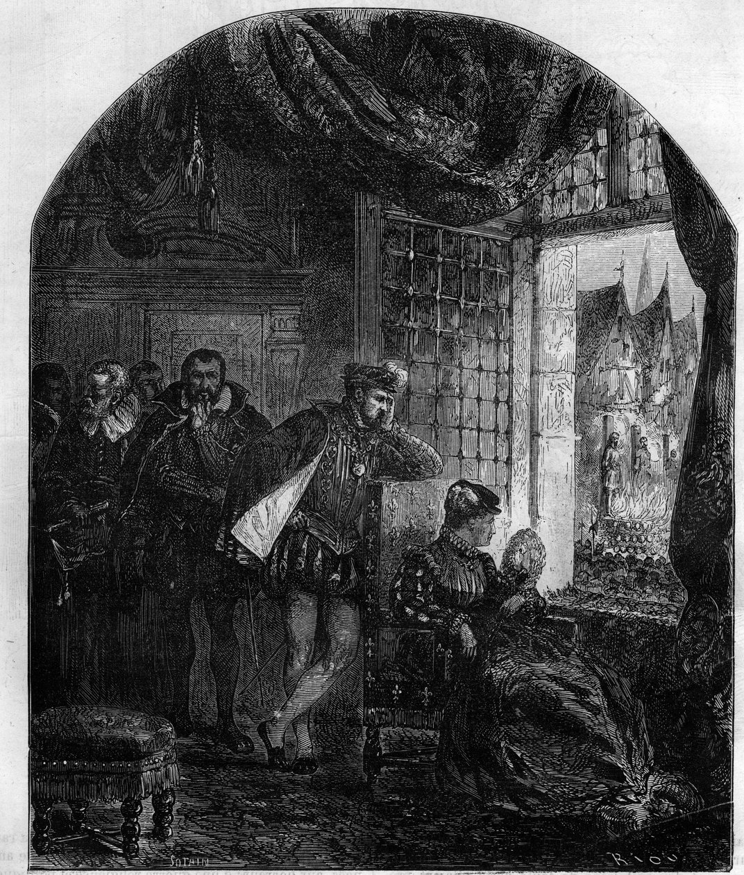 Henri II (1519-1559) en Diane de Poitiers (1499-1566) wonen een executie van ketters bij. Henri II richtte in 1547 een vurige kamer op in het Parlement van Parijs om de ketters te berechten. Gravure in 