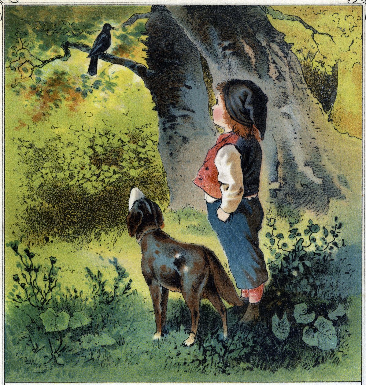 Henri observeert een merel op een tak in het bos en denkt na over zijn leven als hij een vogel was. Chromolithografie uit 