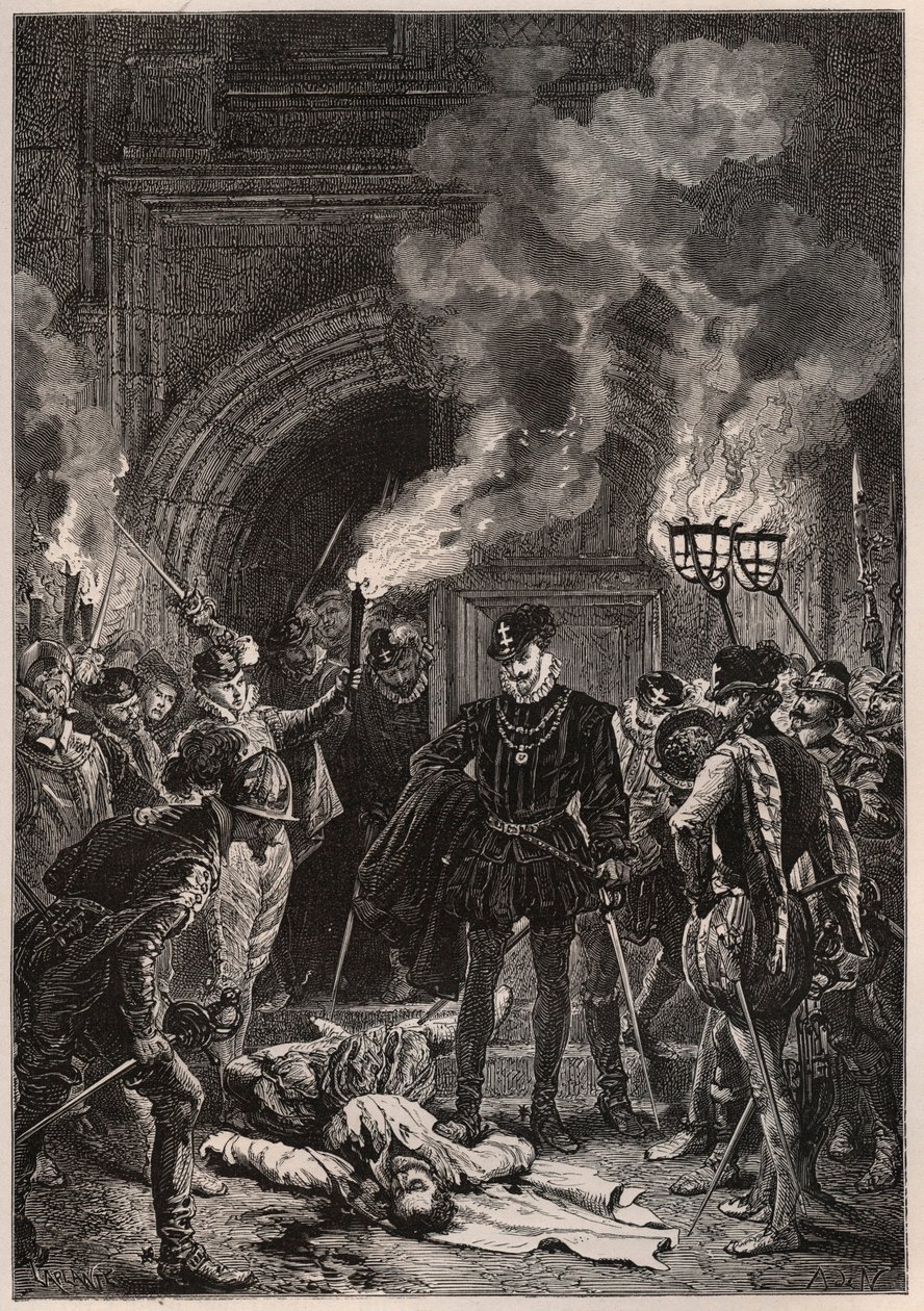 Hendrik I van Lotharingen, hertog van Guise, aanschouwt het lijk van Gaspard II van Coligny - aan de vooravond van Saint-Barthelemy, 24 augustus 1572 - Franse protestantse admiraal en religieus leider Coligny, gedood bij St Barth door French School