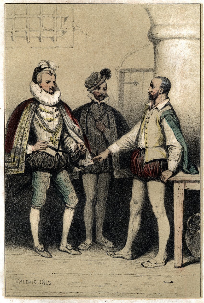 Hendrik III (1551-1589), koning van Frankrijk, bezoekt Bernard Palissy, keramist, opgesloten in de Bastille. in "Scenes de la vie des hommes célèbres" gravure in twee kleuren door Valerio. 1843 door French School