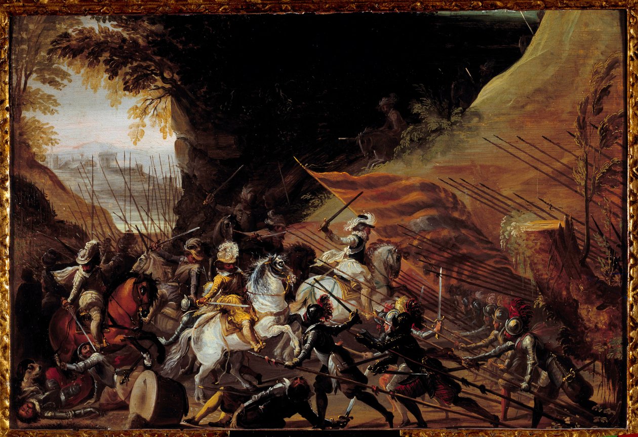 Hendrik IV (1589-1610) aan het hoofd van zijn cavalerie. Anoniem Frans schilderij uit de 17e eeuw. Olie op hout. Dim: 0.35 X 0.52m. Pau, Musee Du Chateau door French School