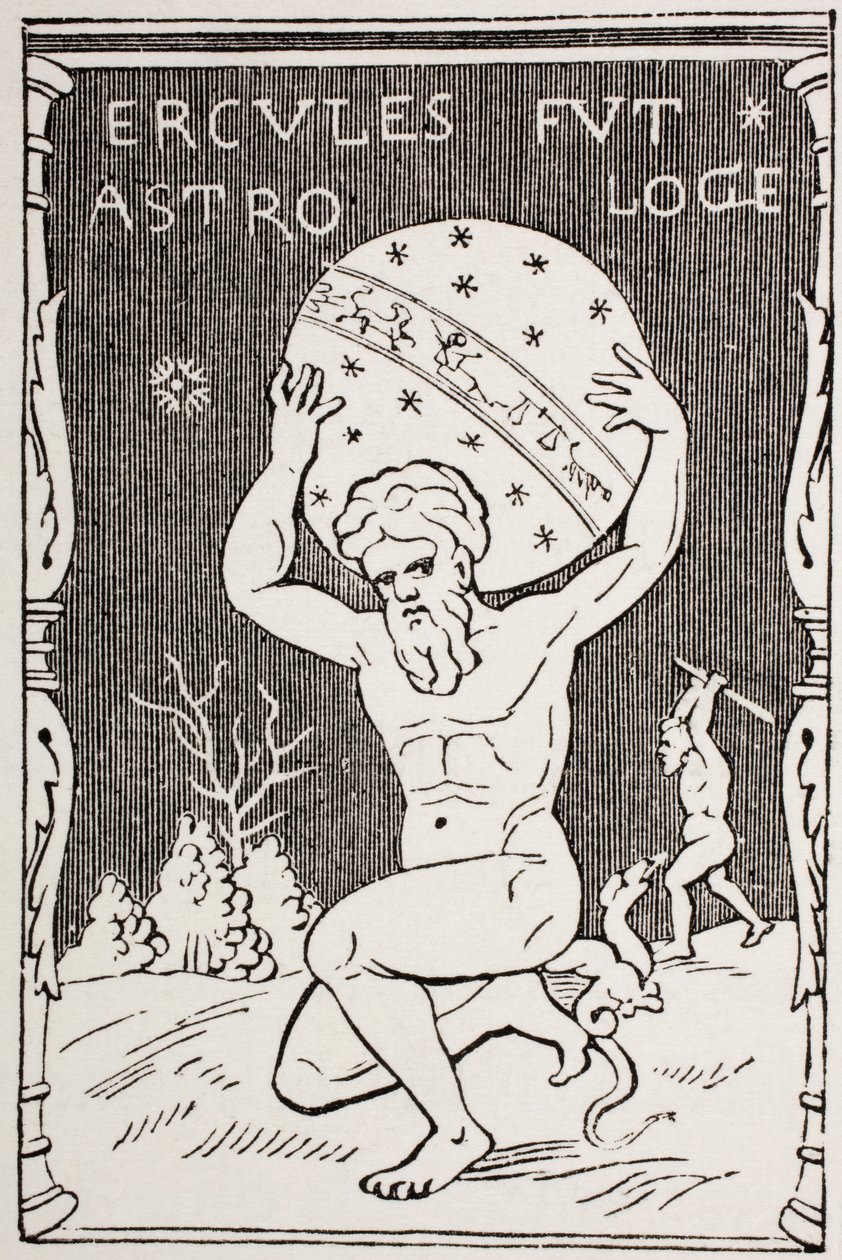 Hercules die de wereld op zijn rug houdt terwijl Atlas de appels van Hesperides verzamelt, uit 