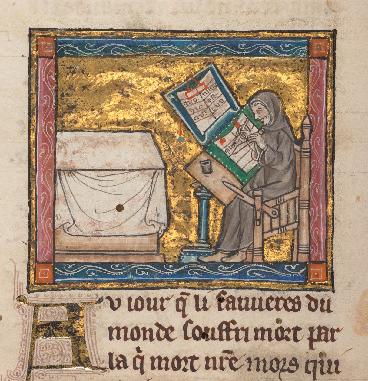 Kluizenaar schrijft aan een bureau, miniatuur uit "Estoire del Saint Graal, La Queste del Saint Graal, Morte Artu", c.1315-25 door French School