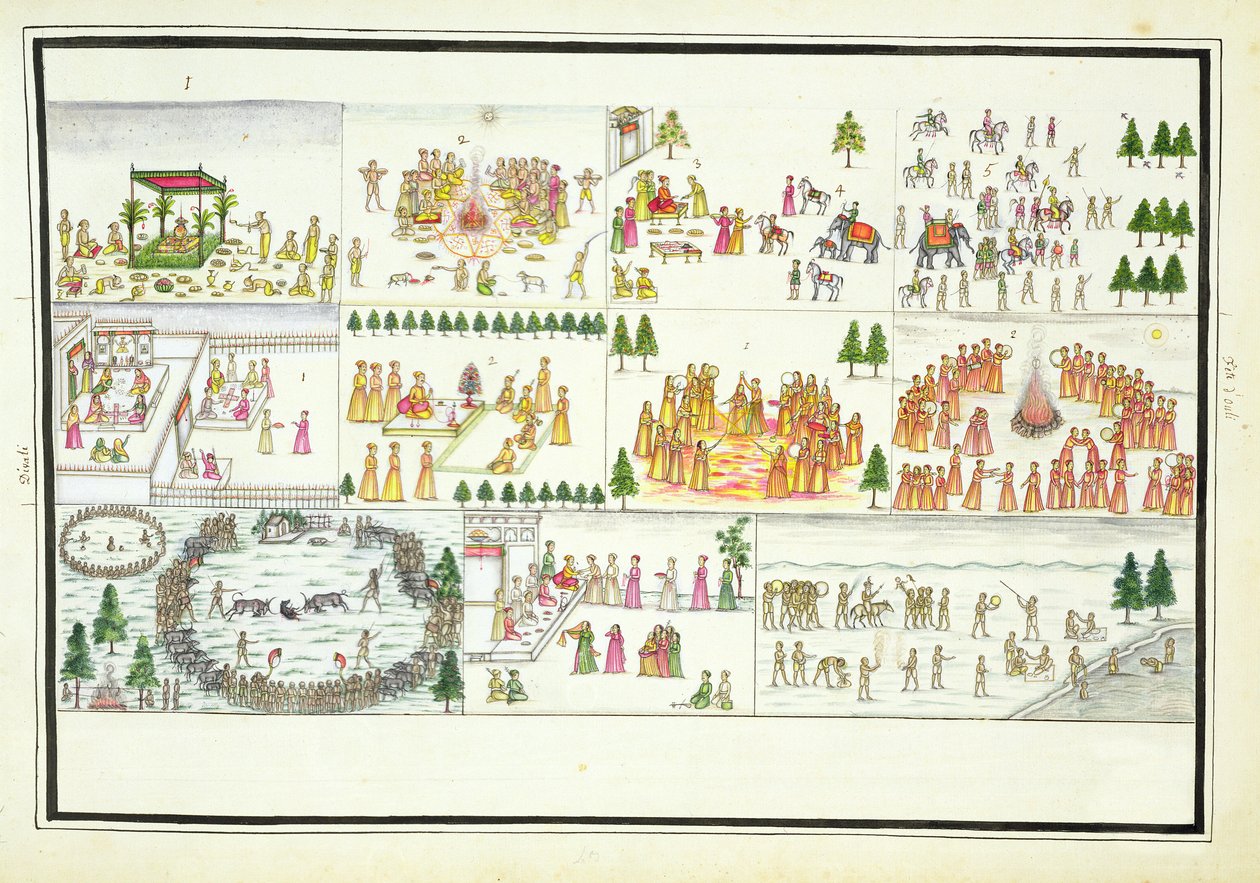 Hindoeïstische Festivals inclusief Dasehra, Diwali en Holi uit Het Gentil Album, gepubliceerd in 1774 door French School